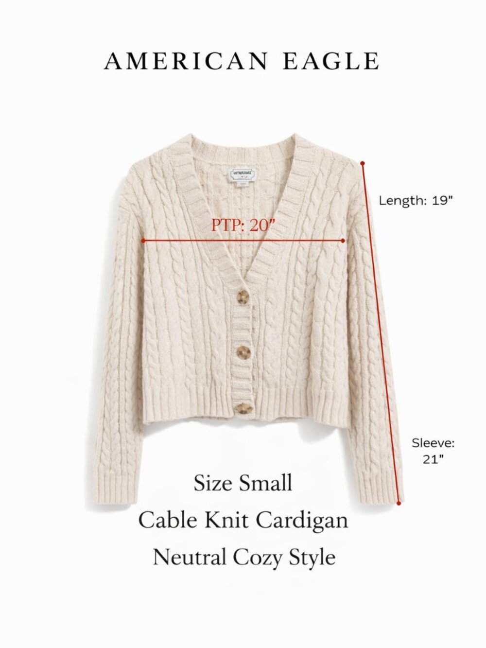 American Eagle Cable Knit Cardigan Small Cream Cropped Button Front Cozy Neutral - Picture 2 of 10